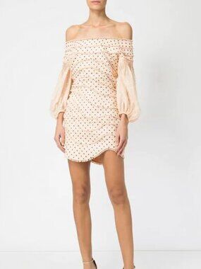 Zimmermann Pink Peach Black Polka Dot Painted Heart Off Shoulder Mini Dress M